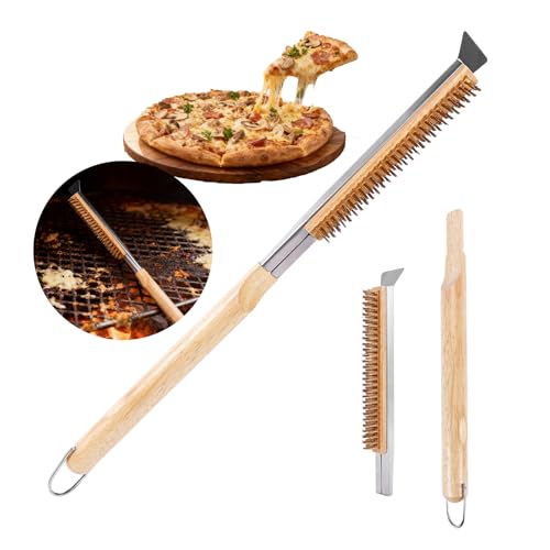 53cm Brosse pour Four à Pizza avec Acier Inoxydable Grattoir, Outil de Nettoyage pour Barbecue avec Poils en Laiton pour Pierre à Pizza, Grille Barbecue