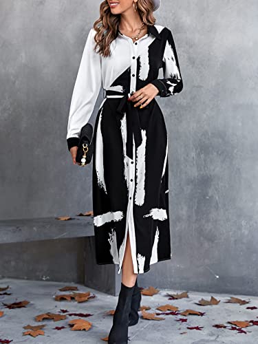 Wdirara Women's Colorblock Brush Print Button Front Long Sleeve Belted Maxi Shirt Dress Black And White M #TOP4