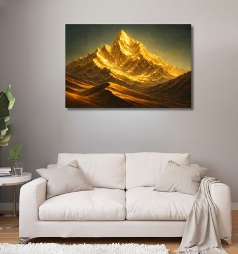Image of Kunj Cart Gold Mountain Painting Vastu for Home & Office Wall Decor | Mountain Painting Vastu with Frame | Shining Sunset Abstract Art | Gold Mountains Canvas Painting (26x18 Inch, Framed)