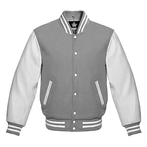 Varsity Jacket Baseball Letterman Bomber School Collage Light Grey Wool and Genuine White Leather Sleeves