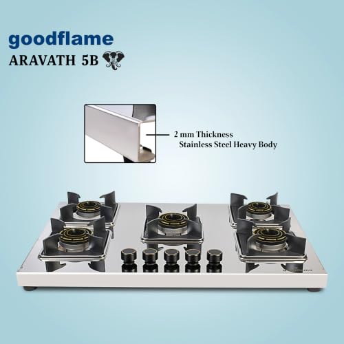 Image of goodflame Aravath 5 Burner Stainless Steel Gas Stove for Kitchen | Heavy 2MM SS Body | Brass Burners | 2 Year Warranty | ISI Certified | Manual Ignition | LPG Ready and PNG Compatible, (Silver)