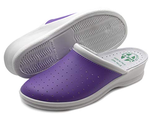 Poligono Chanclas sanitarias anatómicas para hombre y mujer, zapatillas ortopédicas cómodas con parte superior de piel auténtica perforada,mujer Morado 38