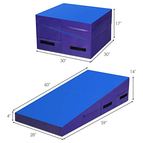 Giantex Folding Incline Gymnastics Mat, w/Carrying Handles, Cheese Wedge Gymnastics Tumbling Mat for Kids Play, Home Exercise, Aerobics, Gymnastics Training (Blue)