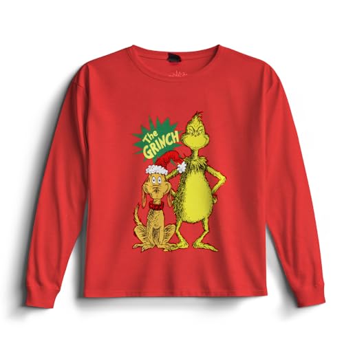 Dr. Seuss The Grinch - Grinch and Max Boys Christmas T-Shirt - Crewneck Pullover Long Sleeve Holiday Tee for Kids (Red Size 6/8)