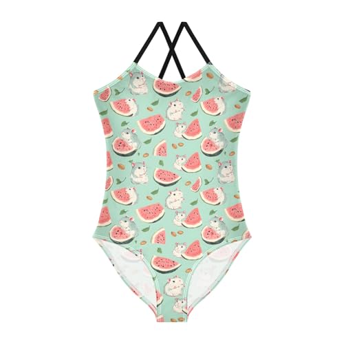 senya Girls Swimsuits One-Piece Swimwear Tie Bathing Suit Beach Summer Round Neck 5-6T Watermelon Hamster Pattern