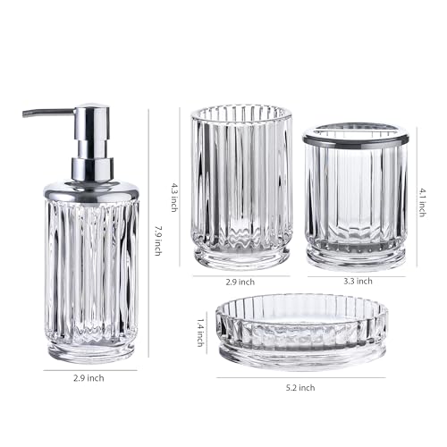 4-Piece Glass Bathroom Accessories Set, Clear Crystal Ribbed Design, Soap Dispenser, Toothbrush Holder, Tumbler, Soap Dish - Image 4