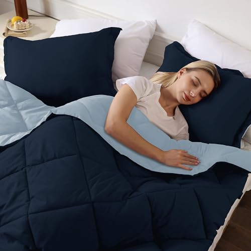 Image of downluxe California King Comforter Set - Blue and Sapphire Cal King Comforter Set, Soft Bedding Sets for All Seasons - 3 Pieces - 1 Comforter (104 inchx96 inch) and 2 Pillow Shams(20 inchx36 inch)