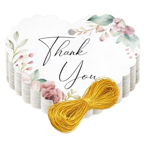 Image of CVANU Heart Shaped Thank You Tags 200-Pcs with Golden String, Floral Design Gift Tags for Wedding Favors| Birthday Party| Small Business Packaging (2.16x2.36 inch) D3