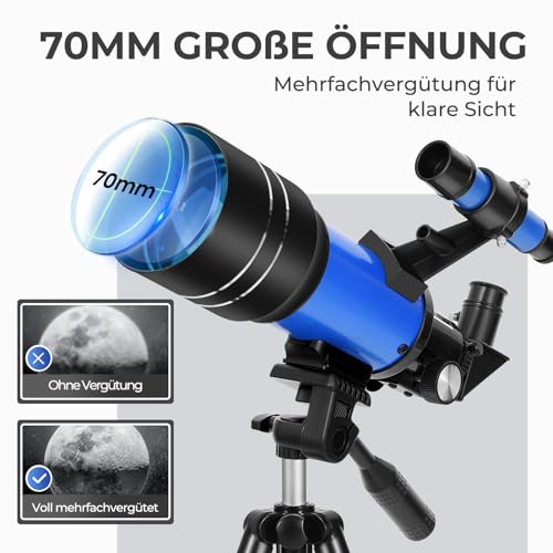 ESAKO Teleskop für Kinder & Einsteiger, 70mm Blende Tragbares Teleskop Astronomisches Linsenteleskop mit Ausziehbarem Stativ, Telefonhalterung, Mondfilter