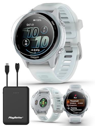 PlayBetter Garmin Forerunner 570 (42 mm, Cloud Blue/Translucent Whitestone) Running GPS Smartwatch - AMOLED Display, Training & Recovery - Bundle Portable Charger & HD Screen Protectors