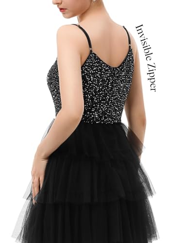 Image of Dressystar 2026 Women's Tiered Sparkly Sequin Glitter Formal Prom Dress Mini Spaghetti Strap Tulle Cocktail Party Dresses