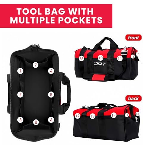 Image of JPT 18-Inch Heavy Duty Tool Bag, Wide Mouth Tool Storage Bag with Interior Pockets, Large Capacity Tool Tote Bag for Electricians, Power Tools Organizer Red /Black