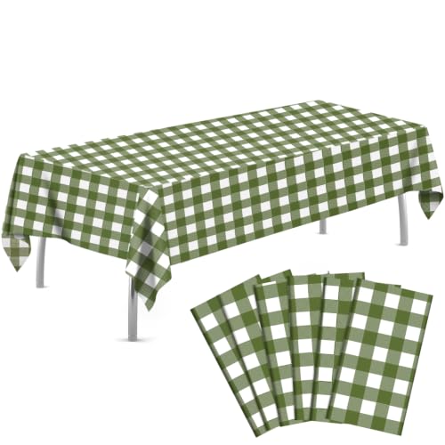 Image of tujol Sage Green and White Checkered 6 Pack Plastic Table Cloth 54 inch x 108 inch