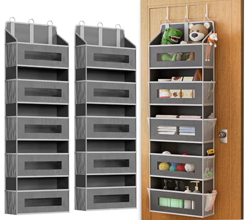 XyVoltic 2 Pack 5 Tier Over The Door Organizer - Large Capacity Behind Door Hanging Shelves with 10 Mesh Pockets and Clear Windows, Closet Organizers and Storage for Bathroom, Bedroom, Nursery, Grey
