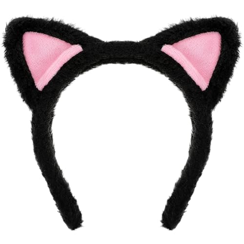 COMNICO Cat Ears Headbands Plush Soft Cute Washing Face Head band Fuzzy Kitten Makeup Hair Headbands for Mask Skincare Spa Yoga Halloween Parties Cosplay (Black)