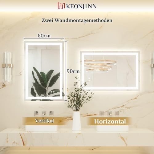 Keonjinn 60x90cm Badezimmerspiegel mit Beleuchtung, Beschlagfrei Badspiegel Beleuchtet mit Touch-Schalter… – Ansicht 2