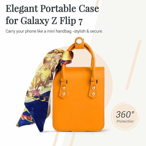 Image of for Samsung Galaxy Z Flip 7 Case, Cute Mini Handbag Wallet Phone Case with Card Holder, Silk Scarf & Handle Strap, Luxury PU Leather Protective Cover - Yellow