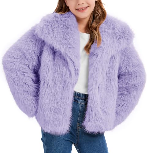 Flygo Girls Faux Fur Coat Kids Fluffy Long Sleeve Lapel Collar Open Front Jacket Warm Winter Shaggy Outwear with Pockets(Purple-XL)