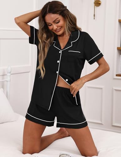 Image of ZMJ Pajamas for Women Set 2 Piece Pj Short Sets Bride Sleepwear Button Up Black XS
