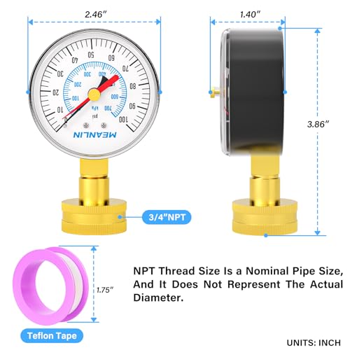 Image of MEANLIN MEASURE 0~100Psi 3 /4 inch Female Water Pressure Test Gauge, 2.5 inch FACE DIAL with Red Indicator Hands, Hydraulic Tester Suitable for Gardens, Water Pipes