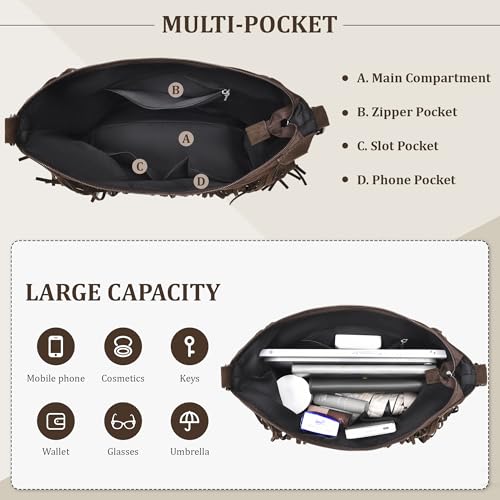 Image of Fringe Hobo Bags for Women Vintage Suede Crossbody Bag Hippie Western Cowgirl Purses Tassel Shoulder Bag