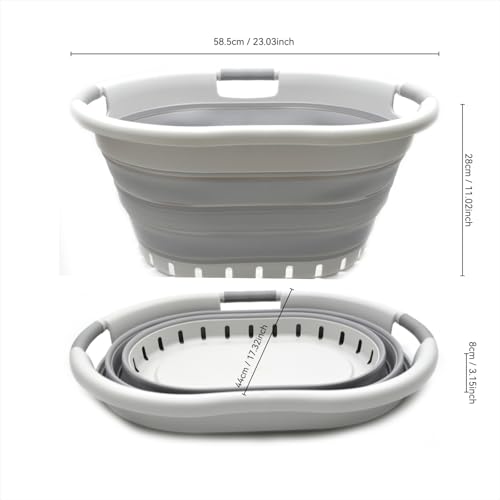 Image of SAMMART Collapsible Plastic Laundry Basket - Foldable Pop Up Storage Container /Organizer - Space Saving Hamper /Basket (3 Handled Oval, Grey /Grey)