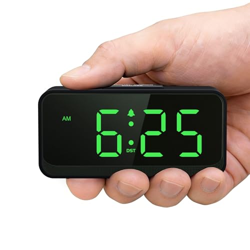 Image of Small Battery Operated Alarm Clock: Long-Lasting Battery Use | Compact Cordless Digital Clock for Bedrooms Desks and Travel - Easy to See with Auto Brightness for Seniors (Green Digits)