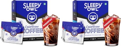 Image of Sleepy Owl Assorted Cold Brew Coffee Bags | 5 Delicious Flavours - French Vanilla, Dark Roast, Cinnamon, Hazelnut, Original | Easy 3 Step Overnight Brew - No Equipment Needed | Makes 15 Cups | 100% Arabica