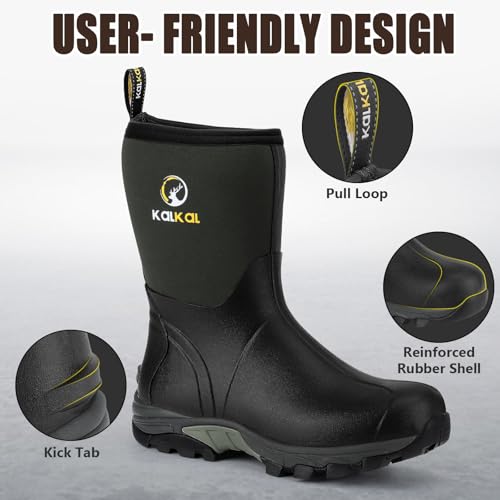 Image of Kalkal Rubber Boots for Men, Waterproof Mid Calf Mens Rain Boots, 6mm Neoprene Insulated Mens Rubber Work Boots for Hunting Gardening Farming Fishing Mud Working, Size 7-14