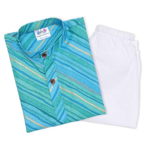 Image of superminis Cotton Boys Sanganeri Lehariya Printed Kurta Set with White Pyjama Elastic Closure