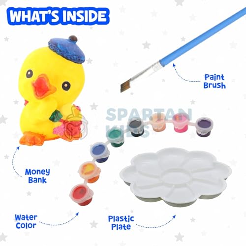 Image of Spartan Kids Paint Your Own Duck Piggy Bank for Kids, DIY Watercolor Craft Activity Set with Lock, 190mm Height, Creative Money Saving Box for Boys and Girls, Best Birthday Party Return Gift (5, Duck)