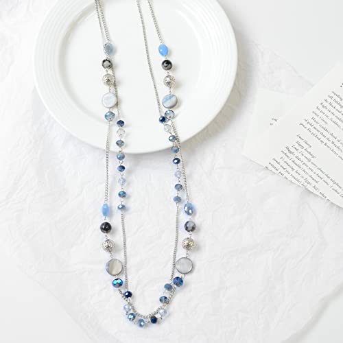 Noessla Layered Long Necklaces For Women Crystal Beaded Statement Necklace Sweater Silver Chain With Gifts Box Jewelry(Blue) #TOP3
