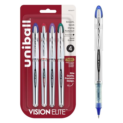 uni-ball uniball Vision Elite Rollerball Pens with 0.8mm Bold Point, Assorted, 4 Count