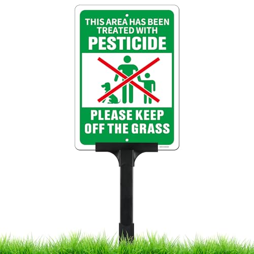 This Area Has Been Treated with Pesticide Please Keep Off the Grass Sign with Adjustable Height Stake Set 10x7 Inch/42 Inch High-50-mil Thick Aluminum Pesticide Sign for Lawn Plug and Play Ready