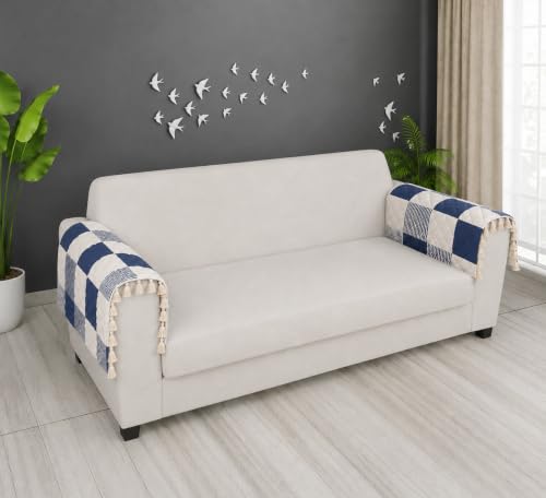 Image of Velvet Quilted Sofa Armrest Covers (Pack of 2) | Blue Check | Anti-Slip Soft Washable Arm Covers with Tassels | 24 x 27 Inches (Half)