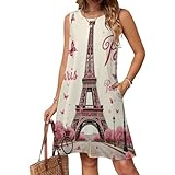 Casual Pink Paris Eiffel Tower Dresses for Women, Summer Sundresses Sleeveless Tank Dress Fashion Beach Outfits