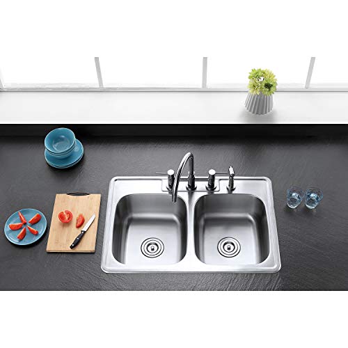Kingston Brass Gourmetier Gktd33228 Studio Self-Rimming Double Bowl Kitchen Sink, 33-Inch L X 22-Inch W X 8-Inch H, Brushed Stainless Steel #TOP2