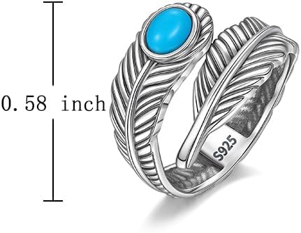 Turquoise Feather Ring for Women Sterling Silver Vintage Boho Western Adjustable Rings Jewelry Gifts for Women Size 7 - Image 6