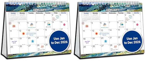 Image of CRANBURY Small Standing Desk Calendar 2026, 8x6 inch Flip Stand Up Calendar Planner, Artwork Designs, Perfect Size for Desktop, Use January to December 2026, Includes Planning Stickers (Pack of 2)