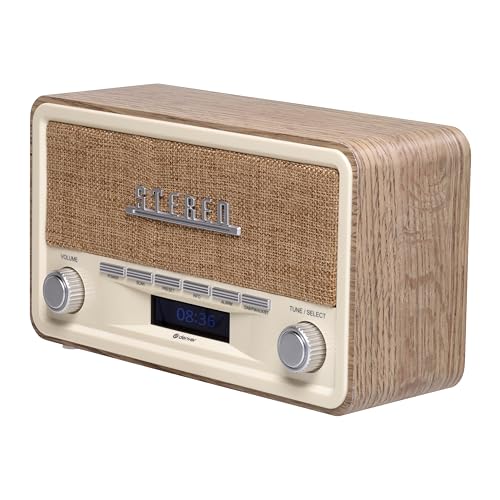 Denver DAB-18 Vintage Style Stereo DAB/DAB+ & FM Radio – Real Wood Cabinet, Bluetooth, Clock Radio Alarm, AUX IN for Smart Phone/Tablet / MP3 Player – Mains or Battery