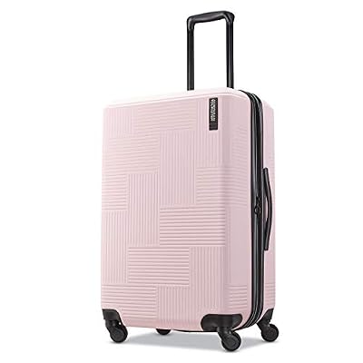 American Tourister Stratum XLT Expandable Hardside Luggage with Spinner Wheels, Pink Blush, Checked-Medium 24-Inch