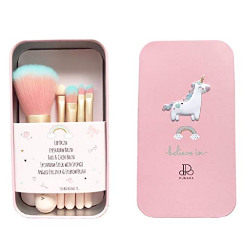 PUNARA Unicorn Makeup Brush Set with Cute Metal Case, Kid-Friendly Premium Soft Mini Travel Size, 5 Pcs Brushes for Face Eyebrow Eyeshadow Blending Cheek & Lip