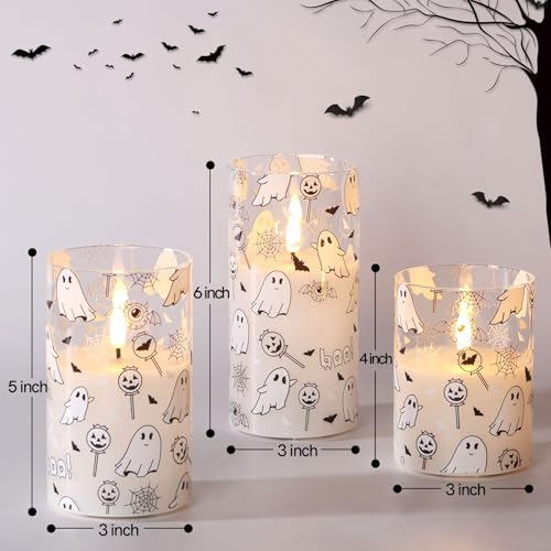 Image of White Ghost Halloween Flameless Pillar Candles with Remote Set of 3 | Flickering LED Candles in Glass Jars, 2 AA Battery Power, Holiday Home Table Shelf Decor & Gift