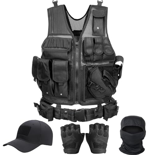 VPZenar Airsoft Tactical Vest with Mesh Detachable Holster and Belt Black Lightweight Sports Training Plate Includes Cap Gloves Balaclava