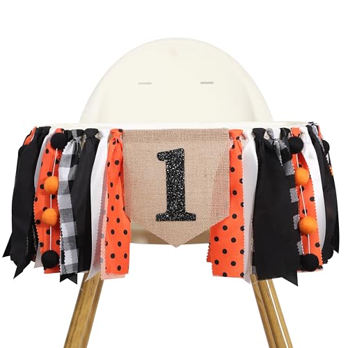Image of Halloween 1st Birthday Highchair Banner - Black Orange Girls First Birthday Banner, Spooky Cake Smash Photo Backdrop, Fall Thanksgiving Day Party Supplies