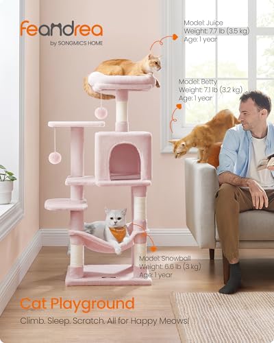 Image of Feandrea Cat Tree, 44.1-Inch Cat Tower, Plush Multi-Level Condo with 4 Scratching Posts, 2 Perches, Hammock, Cave, Jelly Pink UPCT261P01