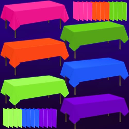 12 Pack Neon Table Cloths Party Decorations Pink Orange Yellow Green Blue Purple Glow in The Dark Plastic Tablecloth Disposable Rainbow Table Cover for Glow in Dark Neon Party Supplies Decorations