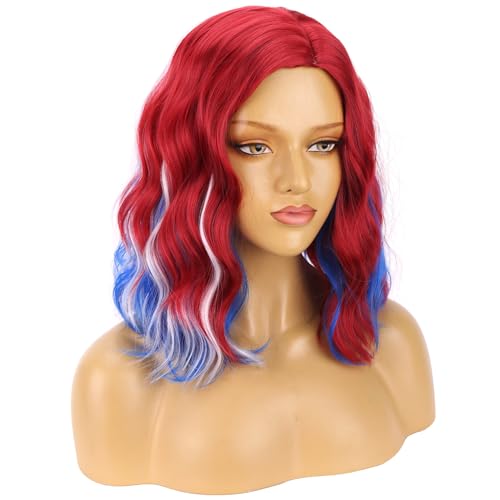 Image of BERON Red White and Blue Wigs for Women Fourth of July Costume Cosplay Wig Short Curly Wavy Colorful Girls Hair Wigs