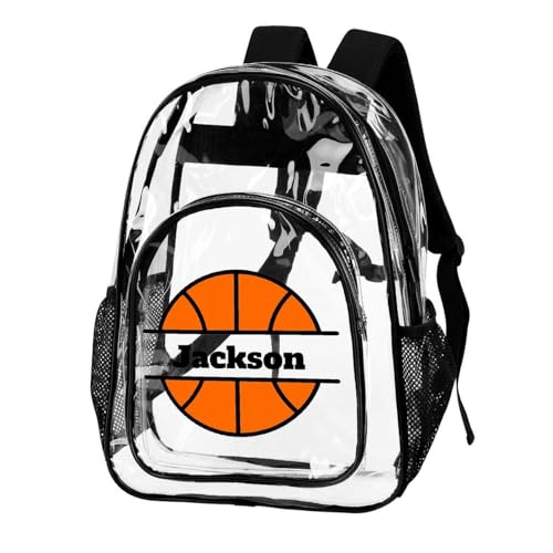 Personalized Basketball Black Clear Backpack with Name PVC See Through Transparent Backpack with Reinforced Strap & Large Capacity School Workplace, Back to School Gifts for Boys Girls Kids2