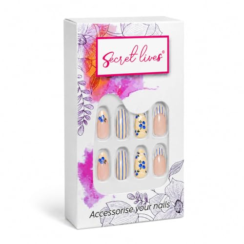 Image of Secret Lives Glossy Press-On Nails, Pink Almond Fake Nails with Blue Flower & Striped Yellow French Tip Design Artificial Nail Art, 24-Piece Set with Kit